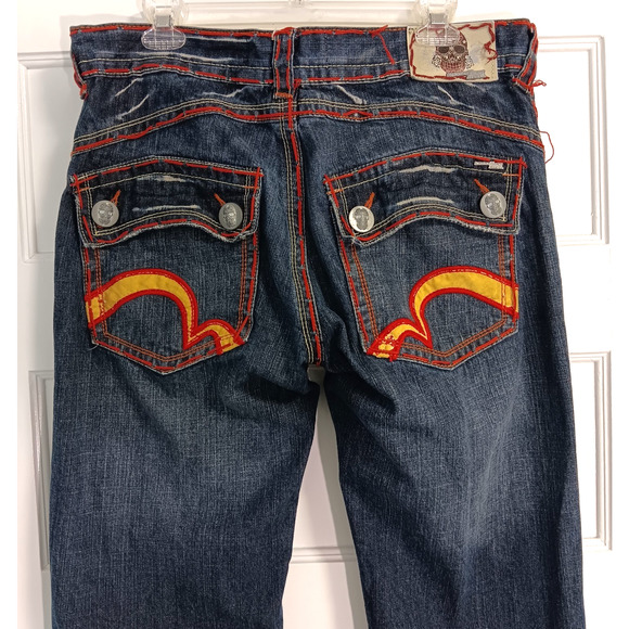 Vintage Y2K Bootcut Jeans 36 x 34 Skull Thick Stitch Embroidered Fading Whiskers - Picture 9 of 14